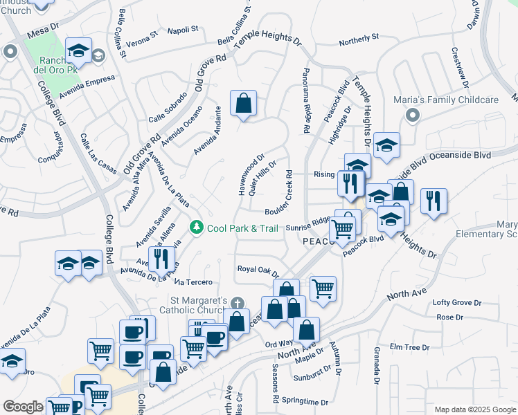 map of restaurants, bars, coffee shops, grocery stores, and more near 1665 Boulder Creek Road in Oceanside