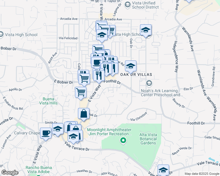 map of restaurants, bars, coffee shops, grocery stores, and more near 1107 Delpy View Point in Vista
