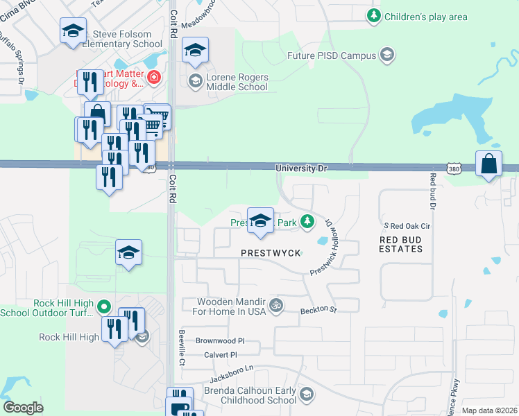 map of restaurants, bars, coffee shops, grocery stores, and more near 11924 Presario Road in McKinney