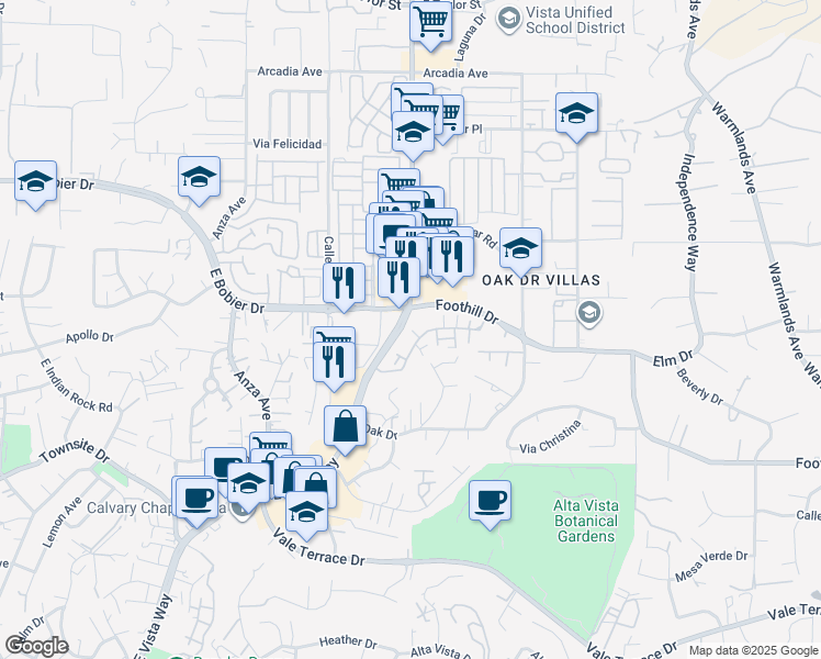 map of restaurants, bars, coffee shops, grocery stores, and more near 1132 Delpy View Point in Vista