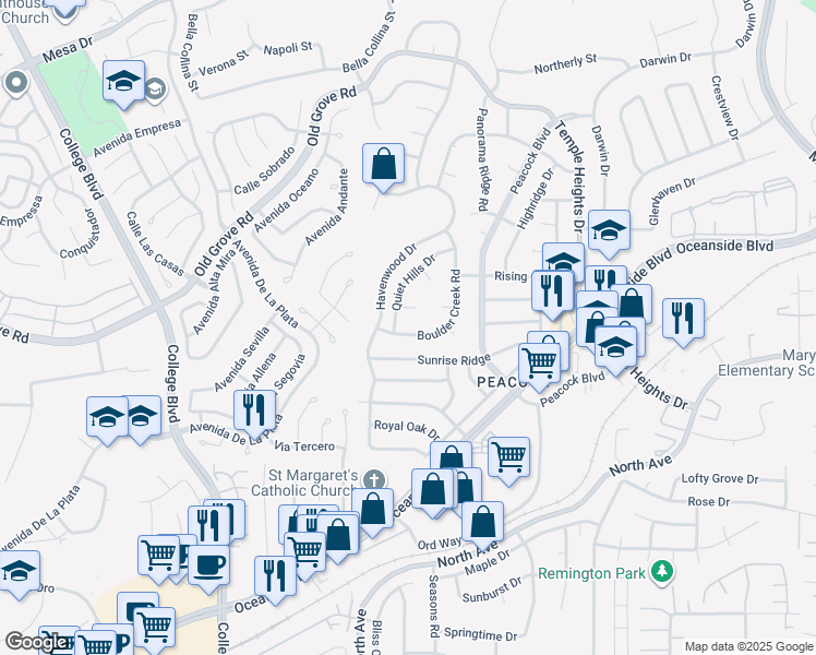 map of restaurants, bars, coffee shops, grocery stores, and more near 1665 Boulder Creek Road in Oceanside