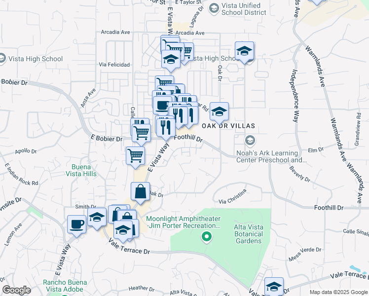 map of restaurants, bars, coffee shops, grocery stores, and more near 1107 Delpy View Point in Vista