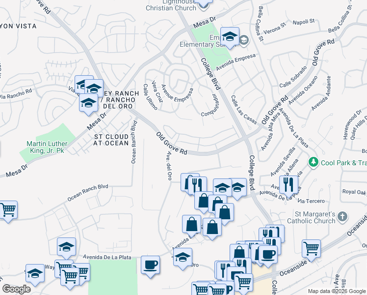 map of restaurants, bars, coffee shops, grocery stores, and more near 1118 Via Lucero in Oceanside