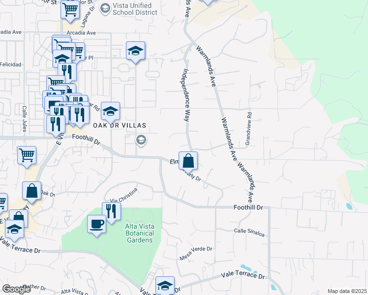 map of restaurants, bars, coffee shops, grocery stores, and more near 1246 Independence Way in Vista