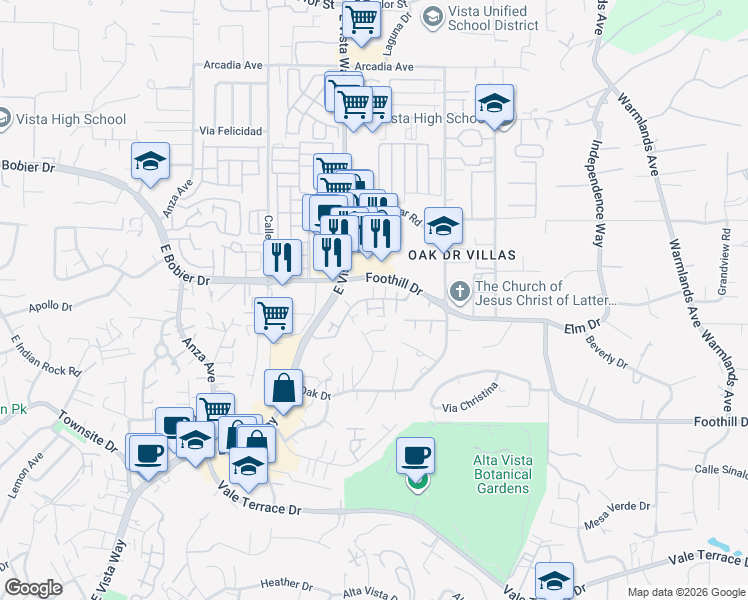 map of restaurants, bars, coffee shops, grocery stores, and more near 1097 Camino Ciego in Vista
