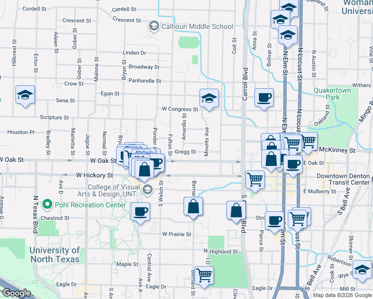 map of restaurants, bars, coffee shops, grocery stores, and more near in Denton