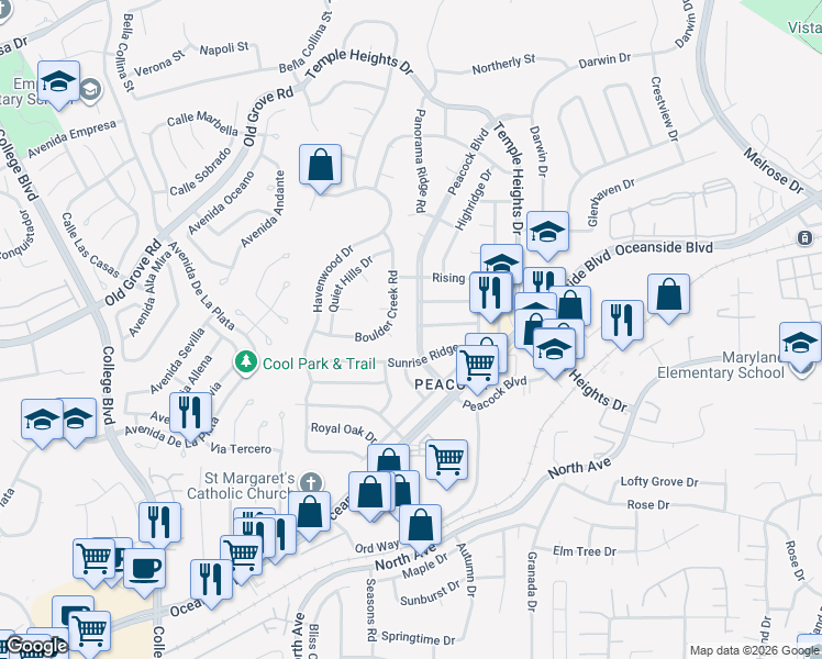 map of restaurants, bars, coffee shops, grocery stores, and more near 1655 Peacock Boulevard in Oceanside