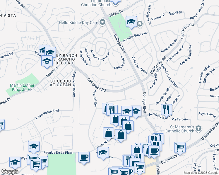 map of restaurants, bars, coffee shops, grocery stores, and more near 1169 Via Lucero in Oceanside