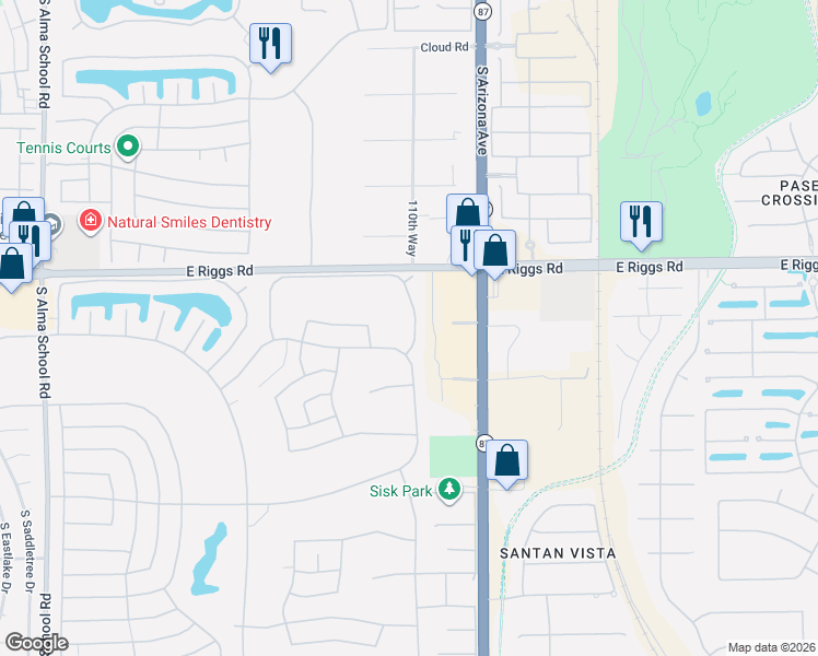 map of restaurants, bars, coffee shops, grocery stores, and more near 25252 South Flame Tree Drive in Sun Lakes