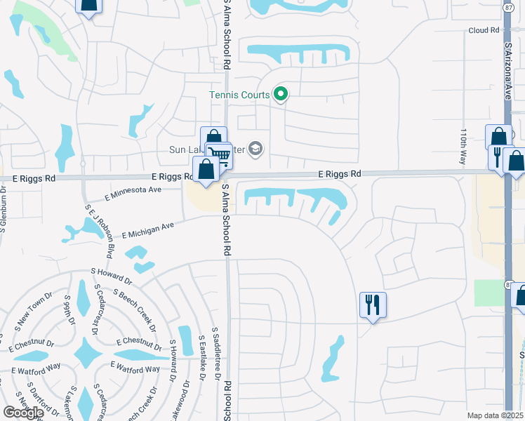 map of restaurants, bars, coffee shops, grocery stores, and more near 10501 East Michigan Avenue in Sun Lakes