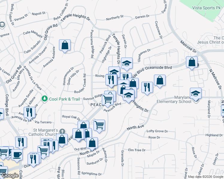 map of restaurants, bars, coffee shops, grocery stores, and more near 4750 Oceanside Boulevard in Oceanside