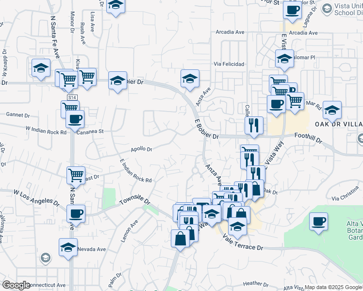 map of restaurants, bars, coffee shops, grocery stores, and more near 1220 Sunny Crest Circle in Vista