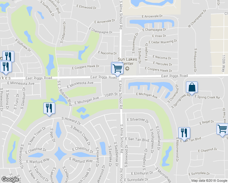 map of restaurants, bars, coffee shops, grocery stores, and more near 10330 East Michigan Avenue in Sun Lakes