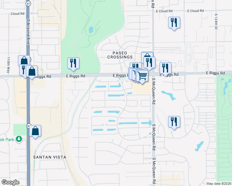 map of restaurants, bars, coffee shops, grocery stores, and more near 714 East Bellerive Place in Chandler