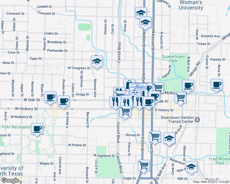 map of restaurants, bars, coffee shops, grocery stores, and more near 400 West Oak Street in Denton