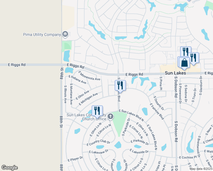 map of restaurants, bars, coffee shops, grocery stores, and more near 25405 South Wyoming Avenue in Sun Lakes