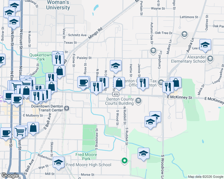 map of restaurants, bars, coffee shops, grocery stores, and more near 1120 East McKinney Street in Denton