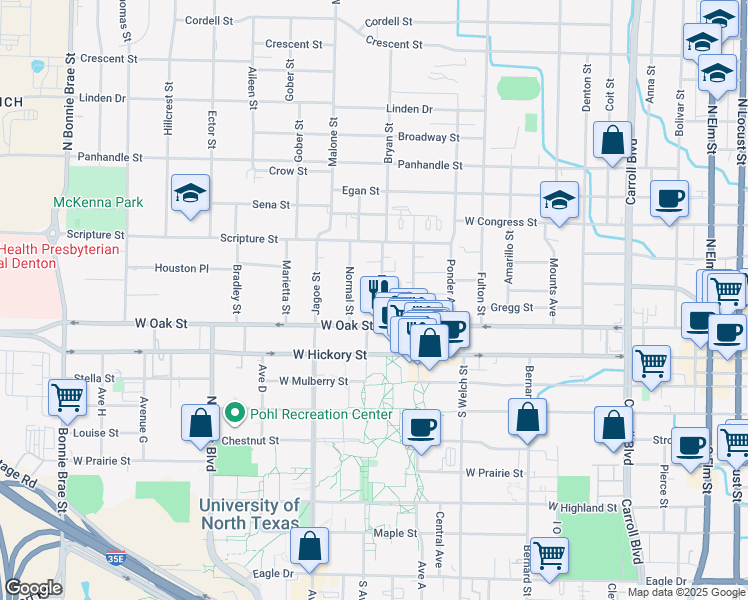 map of restaurants, bars, coffee shops, grocery stores, and more near 1324 West Oak Street in Denton