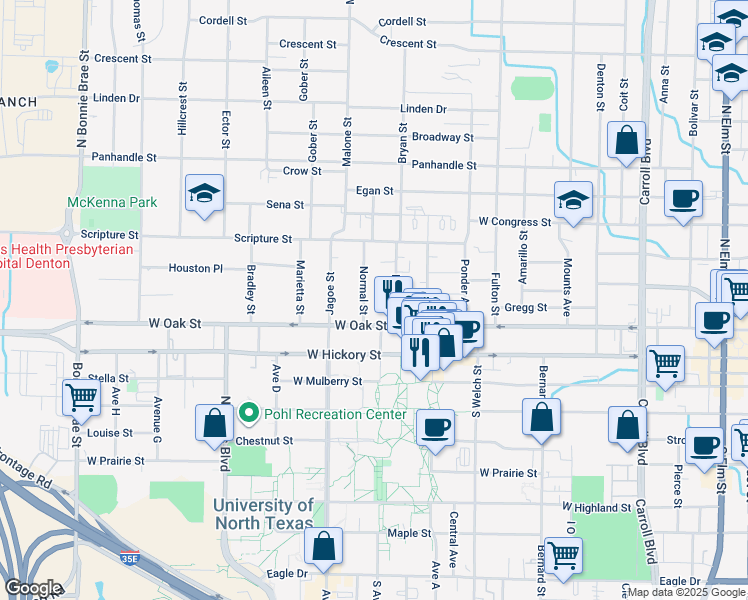 map of restaurants, bars, coffee shops, grocery stores, and more near 204 Normal Street in Denton