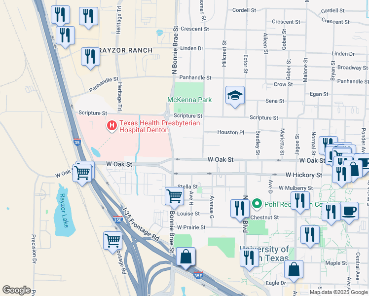 map of restaurants, bars, coffee shops, grocery stores, and more near 2310 West Oak Street in Denton