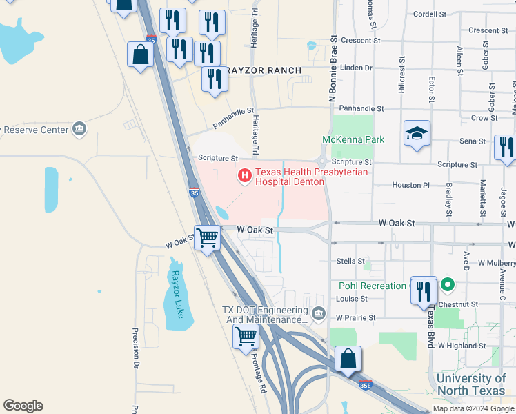 map of restaurants, bars, coffee shops, grocery stores, and more near 2900 Interstate 35 in Denton