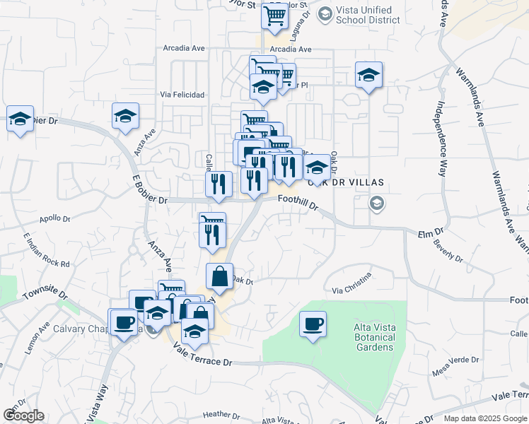 map of restaurants, bars, coffee shops, grocery stores, and more near 1132 Delpy View Point in Vista