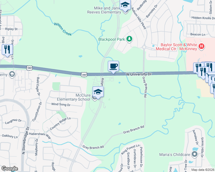map of restaurants, bars, coffee shops, grocery stores, and more near 1760 North Ridge Road in McKinney