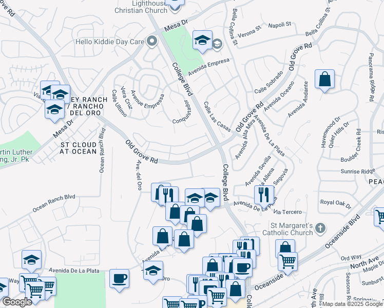 map of restaurants, bars, coffee shops, grocery stores, and more near 1267 Via Lucero in Oceanside
