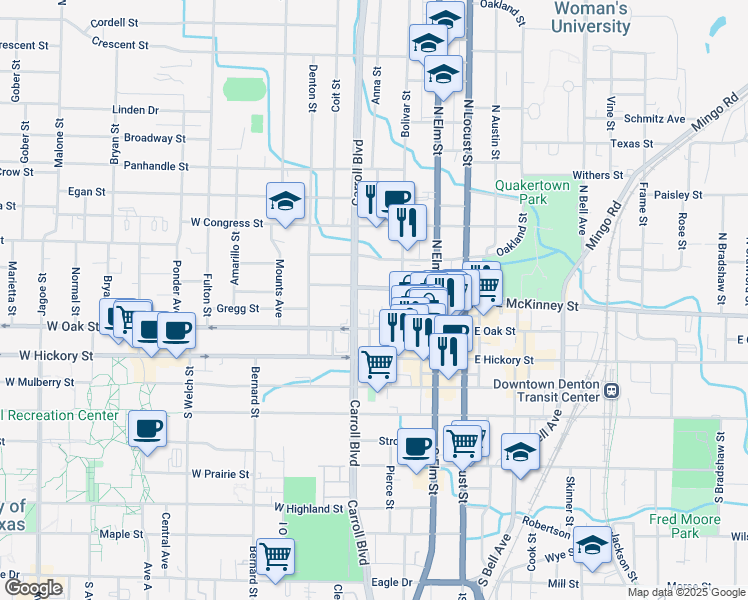 map of restaurants, bars, coffee shops, grocery stores, and more near 400 West Oak Street in Denton