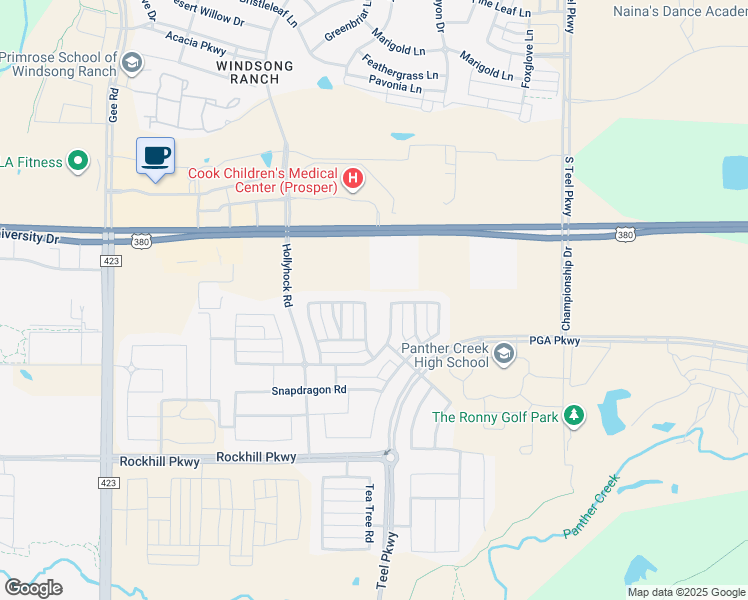 map of restaurants, bars, coffee shops, grocery stores, and more near 16625 Buttonwood Road in Frisco