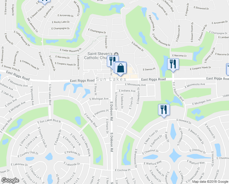 map of restaurants, bars, coffee shops, grocery stores, and more near 25246 South Pinewood Drive in Sun Lakes