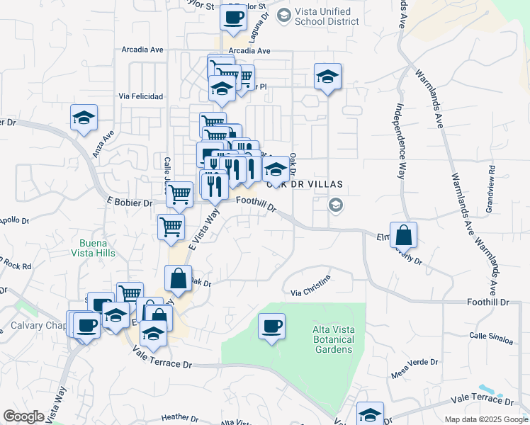 map of restaurants, bars, coffee shops, grocery stores, and more near 1210 Delpy View Point in Vista