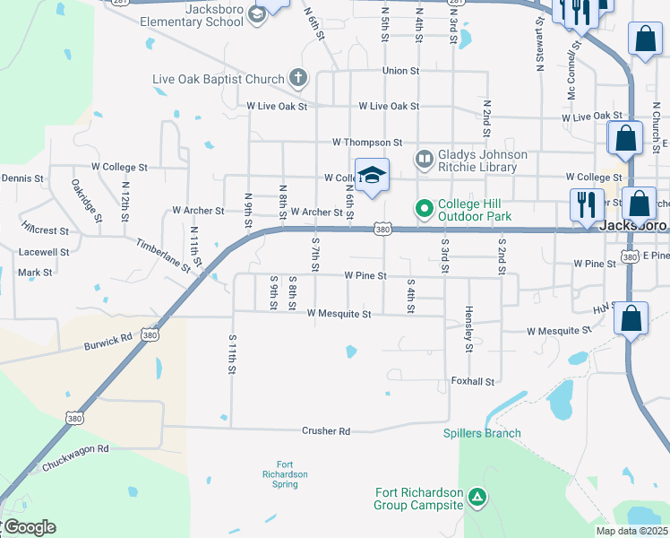 map of restaurants, bars, coffee shops, grocery stores, and more near 211 South 7th Street in Jacksboro