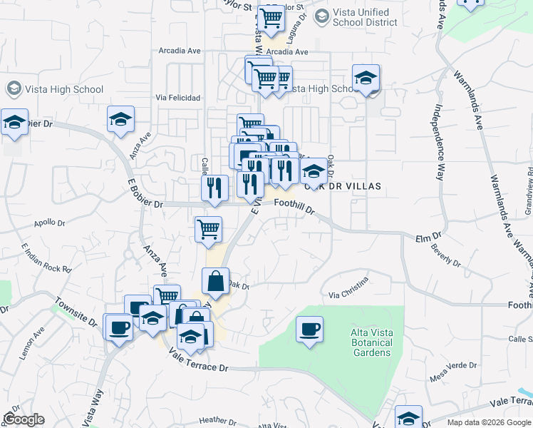 map of restaurants, bars, coffee shops, grocery stores, and more near 1097 Camino Ciego in Vista
