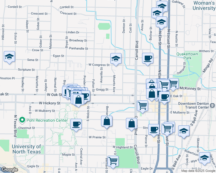 map of restaurants, bars, coffee shops, grocery stores, and more near in Denton