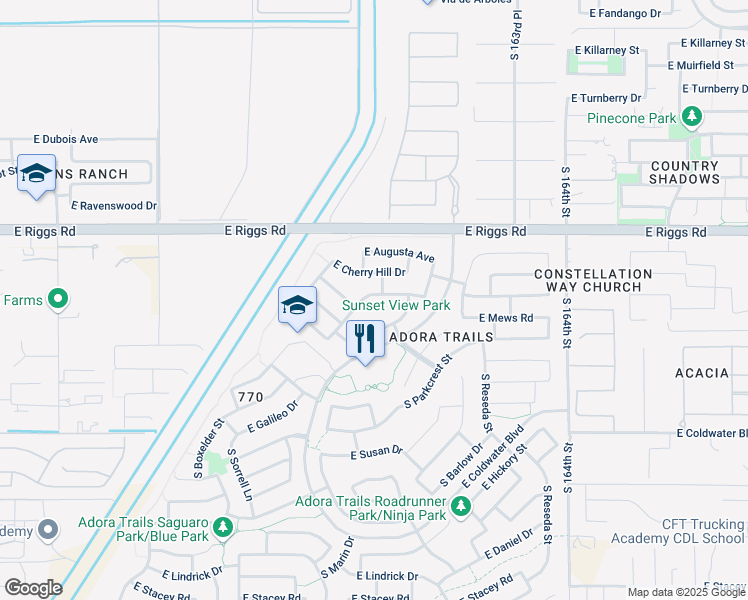 map of restaurants, bars, coffee shops, grocery stores, and more near 2410 East Runaway Bay Place in Gilbert