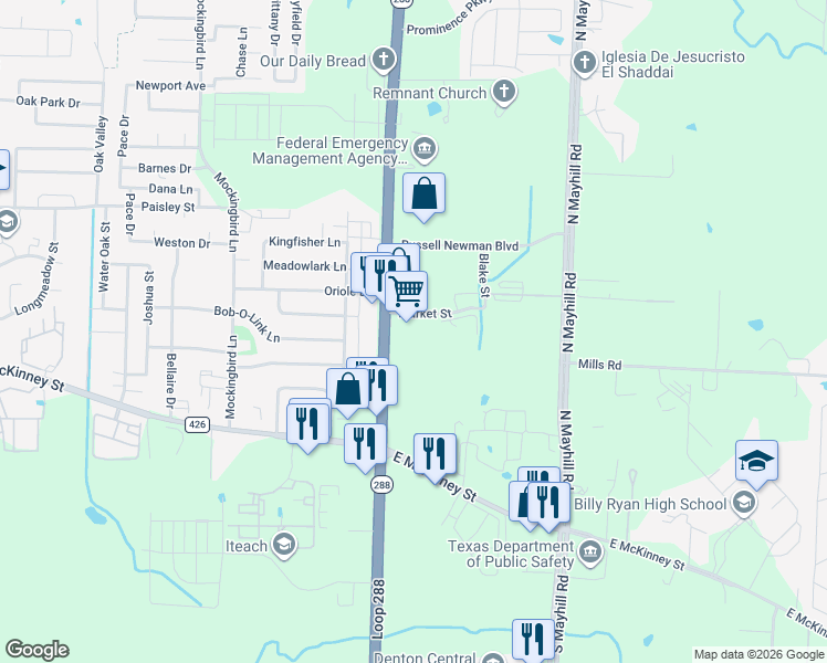 map of restaurants, bars, coffee shops, grocery stores, and more near 306 North Loop 288 in Denton