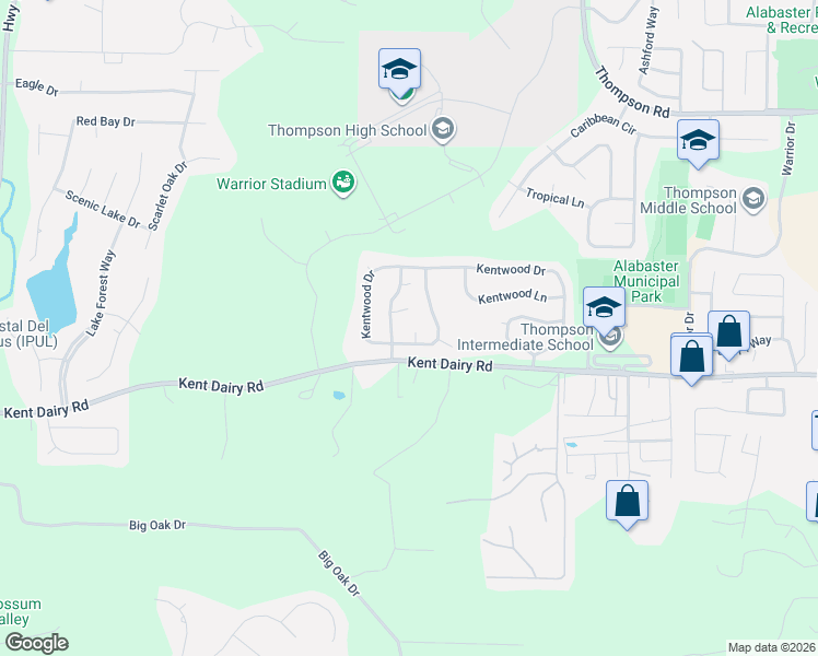 map of restaurants, bars, coffee shops, grocery stores, and more near 139 Kentwood Trail in Alabaster