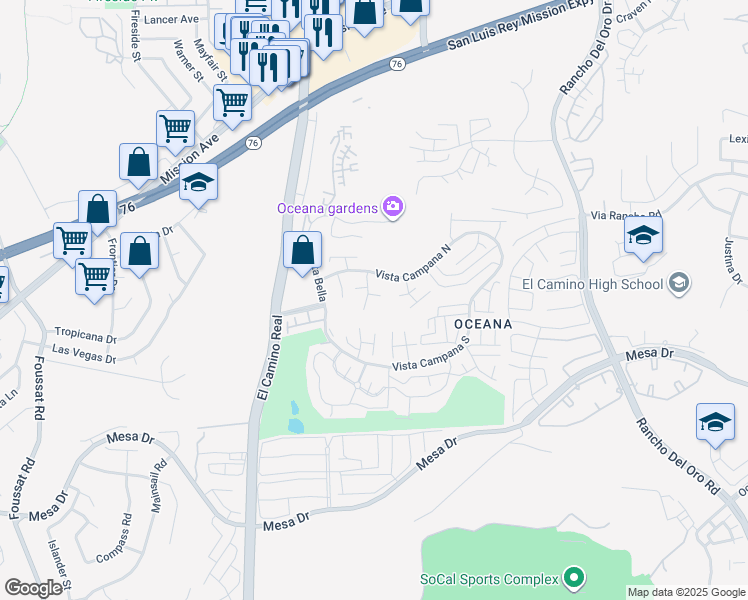 map of restaurants, bars, coffee shops, grocery stores, and more near 3685 Vista Campana North in Oceanside