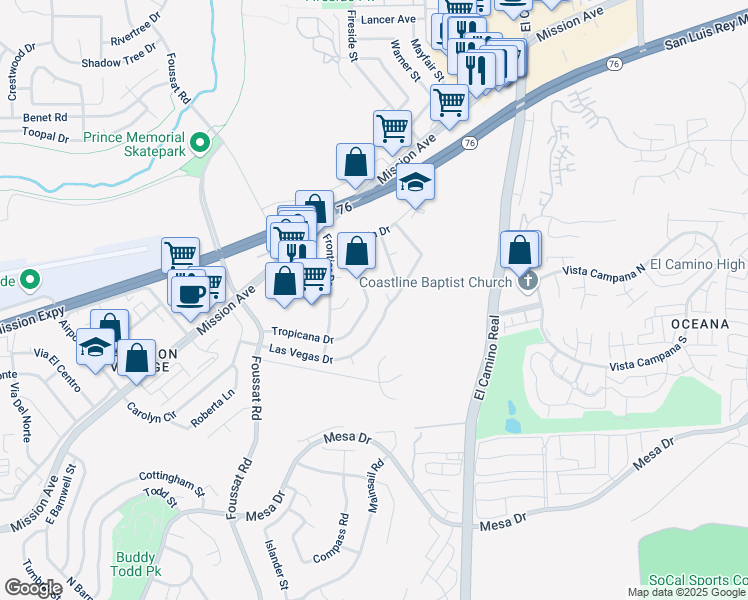 map of restaurants, bars, coffee shops, grocery stores, and more near 126 Tropicana Drive in Oceanside
