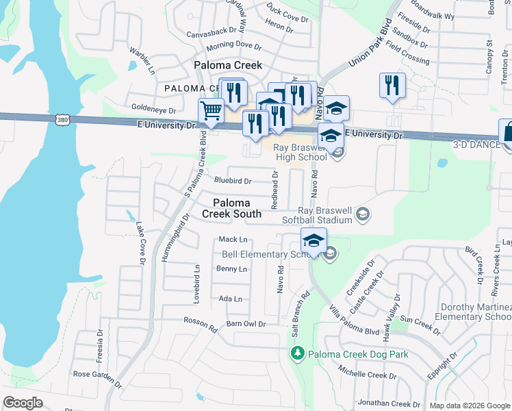 map of restaurants, bars, coffee shops, grocery stores, and more near 1713 Kittyhawk Drive in Little Elm