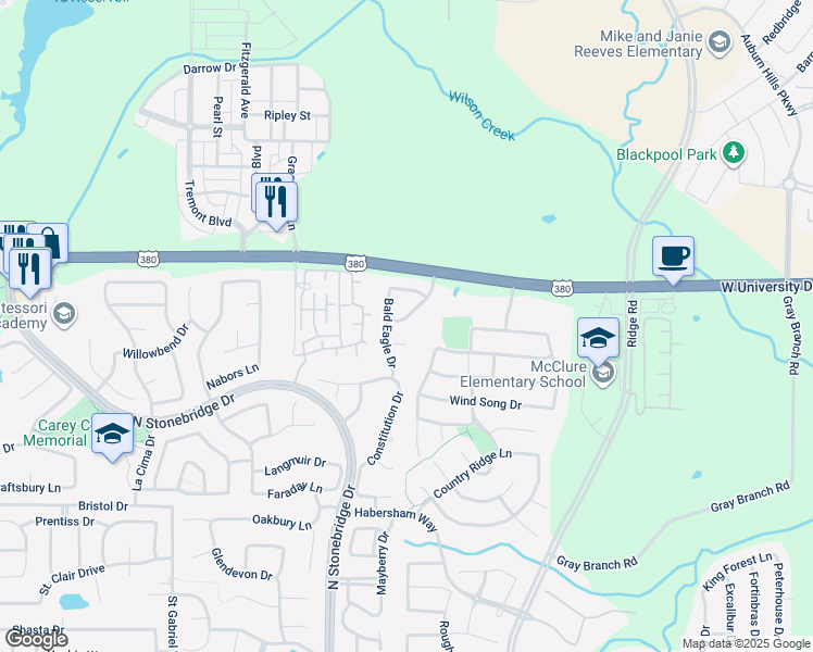 map of restaurants, bars, coffee shops, grocery stores, and more near 1712 Bald Eagle Drive in McKinney
