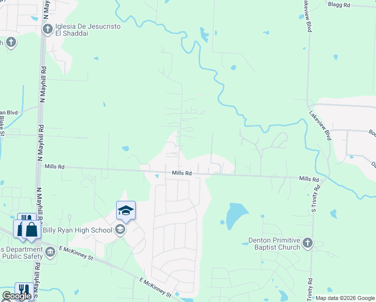map of restaurants, bars, coffee shops, grocery stores, and more near 160 Cunningham Road in Denton