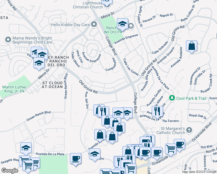map of restaurants, bars, coffee shops, grocery stores, and more near 1234 Via Candelas in Oceanside