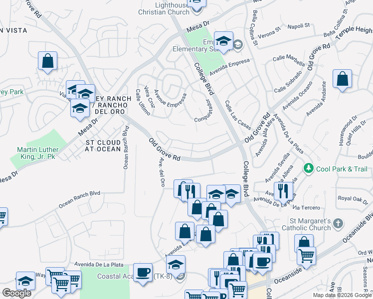 map of restaurants, bars, coffee shops, grocery stores, and more near 1210 Via Candelas in Oceanside