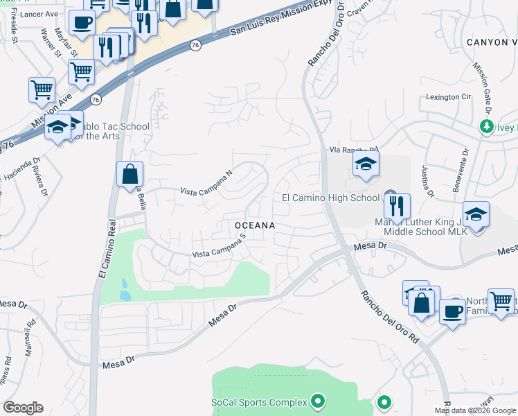 map of restaurants, bars, coffee shops, grocery stores, and more near 3701 Hickory Way in Oceanside