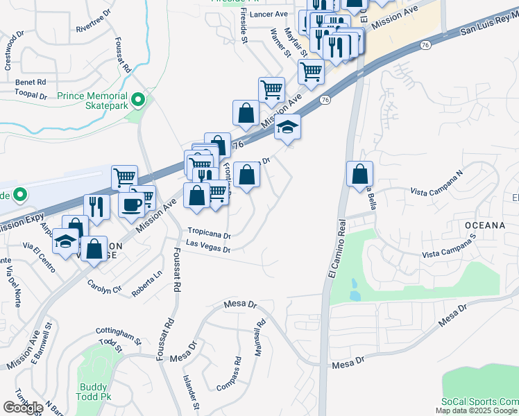 map of restaurants, bars, coffee shops, grocery stores, and more near 126 Tropicana Drive in Oceanside