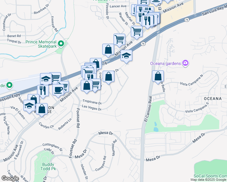 map of restaurants, bars, coffee shops, grocery stores, and more near 126 Tropicana Drive in Oceanside
