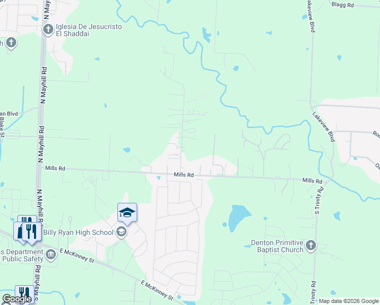 map of restaurants, bars, coffee shops, grocery stores, and more near 160 Cunningham Road in Denton