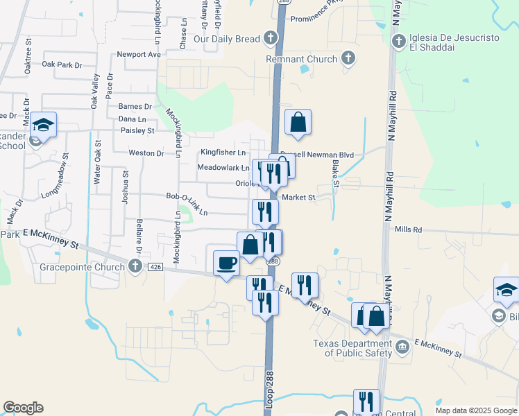 map of restaurants, bars, coffee shops, grocery stores, and more near 402 Cardinal Drive in Denton